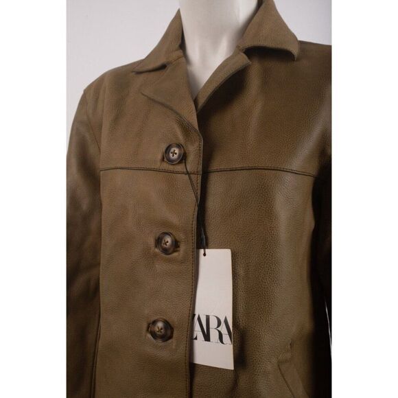 Zara Womens Leather Coat Jacket Straight Cut M Olive Green 2521/240 NWT $349 - Picture 4 of 6